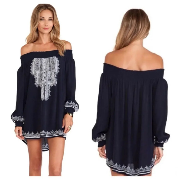 Tularosa Revolve Jacqueline Navy Embroidered Off Shoulder Tunic Mini Dress XS - Picture 1 of 13
